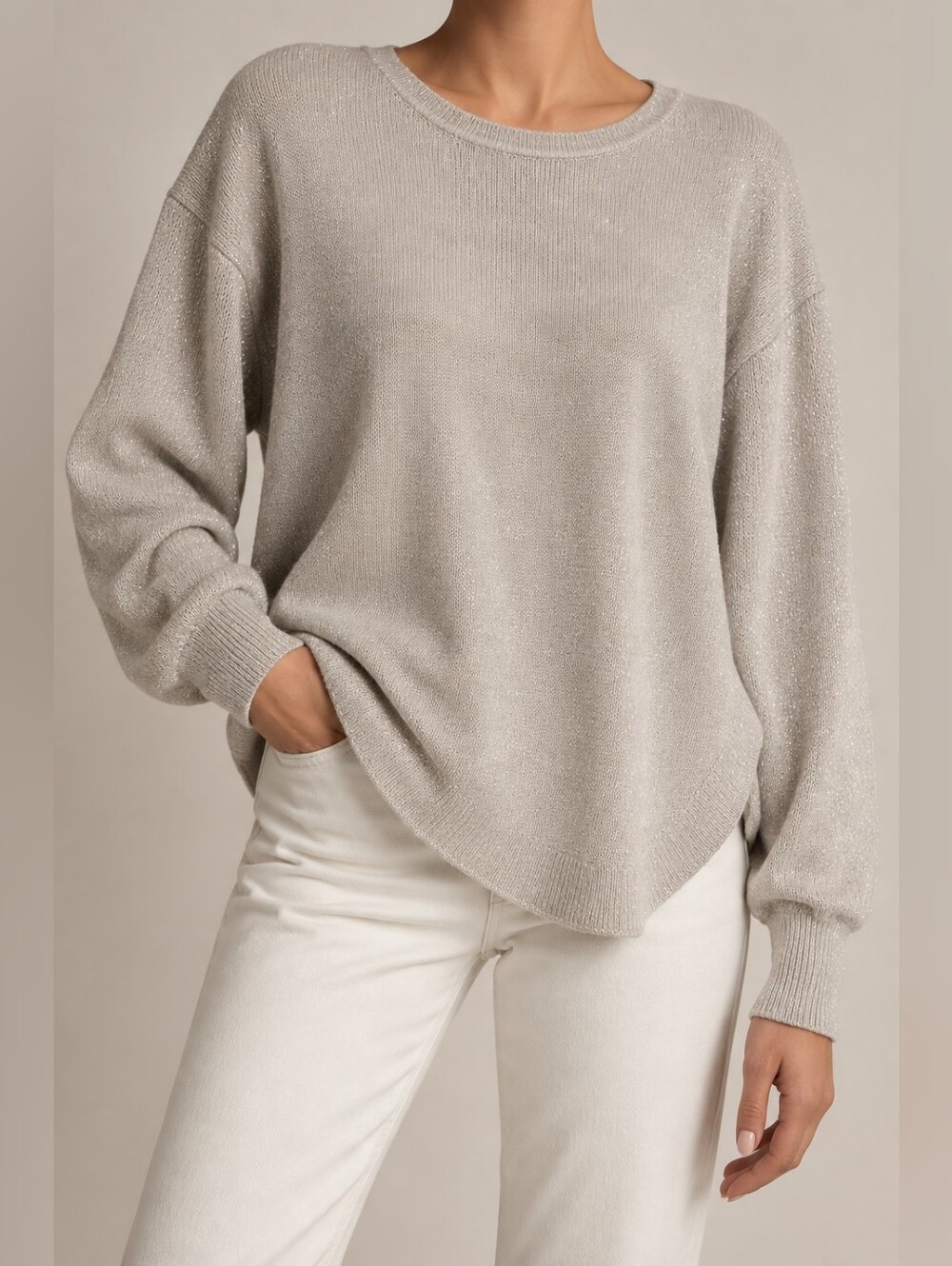 Oui Metallic Shimmer Knit Sweater Cream Beige Size Medium